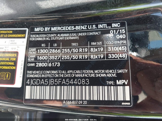 Продажа на аукционе авто 2015 Mercedes-benz Ml 350, vin: 4JGDA5JB5FA544083, номер лота: 45883606