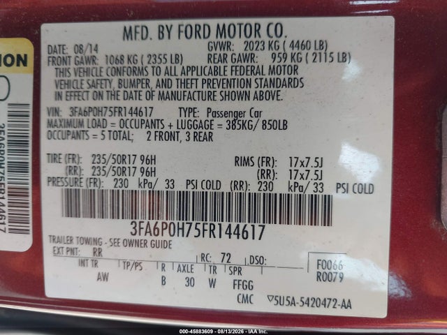 Ford FUSION SE 2015 3FA6P0H75FR144617 Image 9