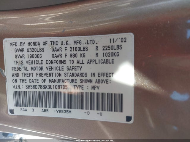 Продаж на аукціоні авто 2003 Honda Cr-v Ex, vin: SHSRD788X3U108705, номер лоту: 45883610