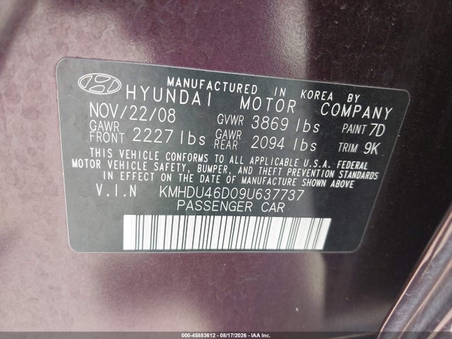 Продаж на аукціоні авто 2009 Hyundai Elantra Gls, vin: KMHDU46D09U637737, номер лоту: 45883612