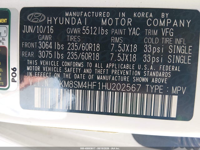 45883617 :رقم المزاد ، KM8SM4HF1HU202567 vin ، 2017 Hyundai Santa Fe Se مزاد بيع