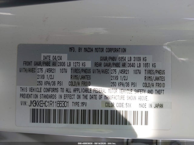 45883638 :رقم المزاد ، JM3KKEHC1R1166301 vin ، 2024 Mazda Cx-90 3.3 Turbo S Premium Plus مزاد بيع