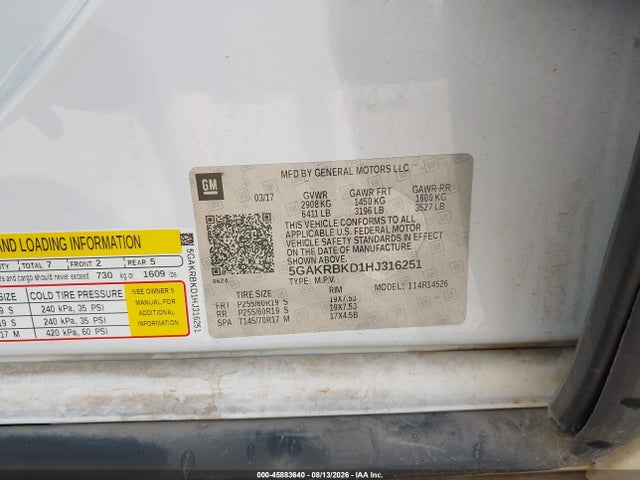 45883640 :رقم المزاد ، 5GAKRBKD1HJ316251 vin ، 2017 Buick Enclave Leather مزاد بيع
