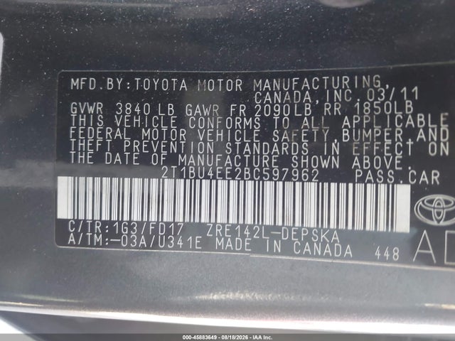 Aukcja sprzedaży 2011 Toyota Corolla S, vin: 2T1BU4EE2BC597962, numer aukcji: 45883649