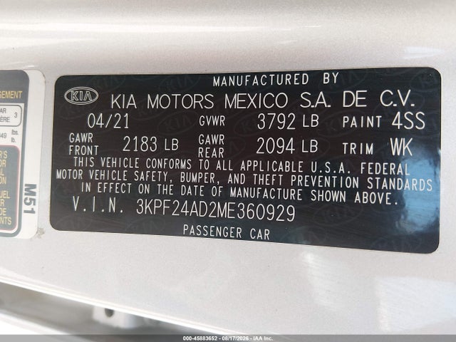 Aukcja sprzedaży 2021 Kia Forte Lxs, vin: 3KPF24AD2ME360929, numer aukcji: 45883652