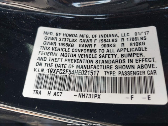 45883662 :رقم المزاد ، 19XFC2F54HE021517 vin ، 2017 Honda Civic Lx مزاد بيع