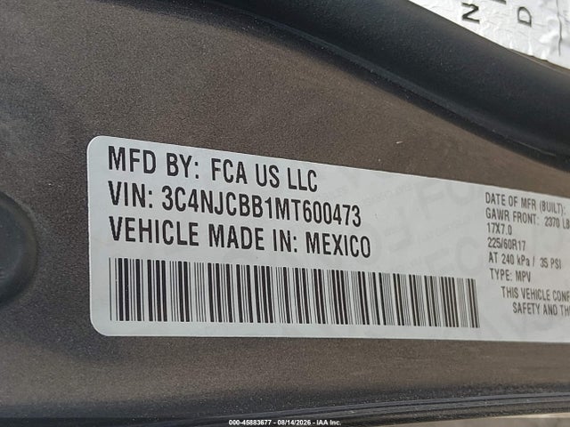 Продажа на аукционе авто 2021 Jeep Compass Latitude Fwd, vin: 3C4NJCBB1MT600473, номер лота: 45883677