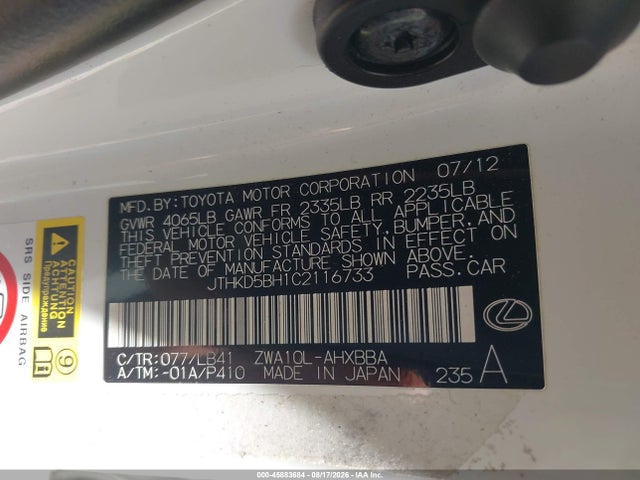 Aukcja sprzedaży 2012 Lexus Ct 200h Premium, vin: JTHKD5BH1C2116733, numer aukcji: 45883684