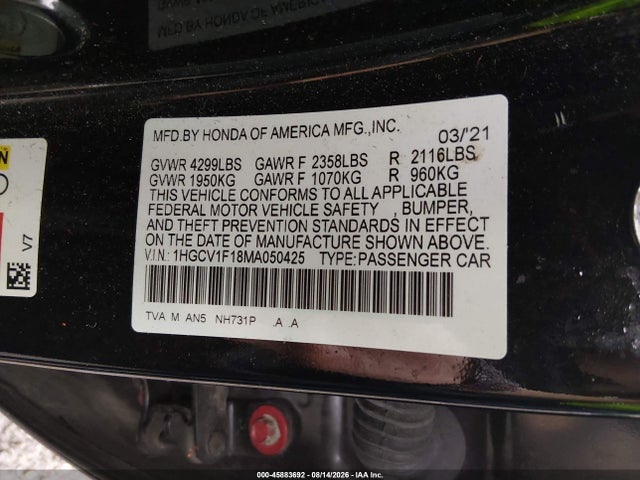 2021 Honda Accord Lx მანქანა იყიდება აუქციონზე, vin: 1HGCV1F18MA050425, აუქციონის ნომერი: 45883692