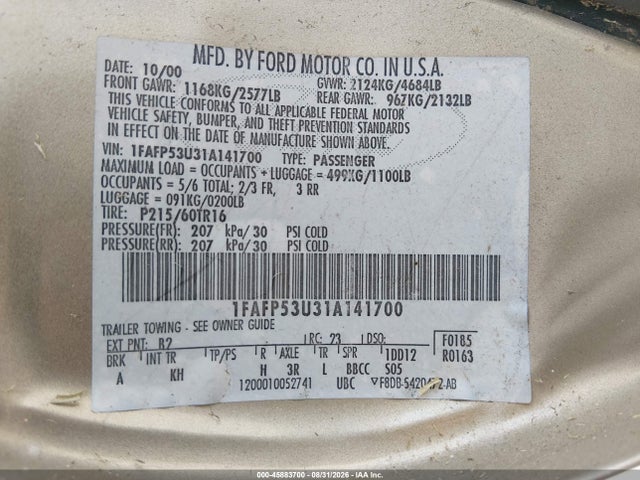 Auction sale of the 2001 Ford Taurus Se, vin: 1FAFP53U31A141700, lot number: 45883700