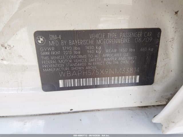 45883713 :رقم المزاد ، WBAPH575X9NM33814 vin ، 2009 Bmw 328i مزاد بيع