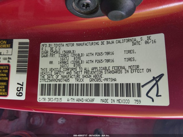 45883717 :رقم المزاد ، 3TMCZ5AN9GM037405 vin ، 2016 Toyota Tacoma Trd Off Road مزاد بيع