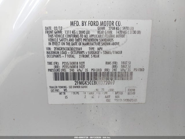 Aukcja sprzedaży 2012 Ford Flex Sel, vin: 2FMGK5CC8CBD22069, numer aukcji: 45883726