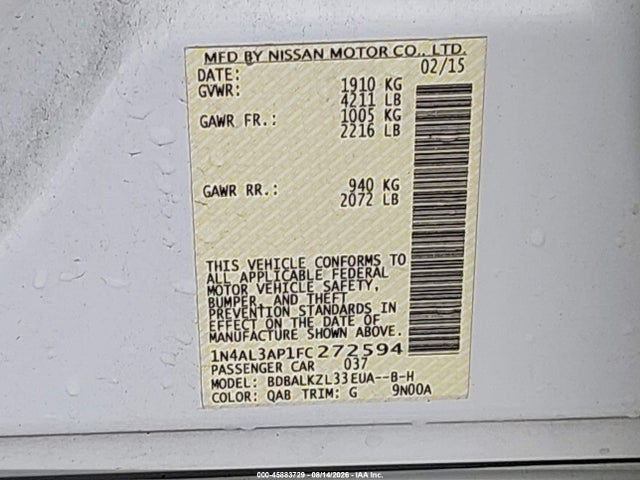 Продаж на аукціоні авто 2015 Nissan Altima 2.5 Sv, vin: 1N4AL3AP1FC272594, номер лоту: 45883729