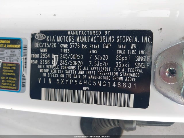 2021 Kia Telluride Sx მანქანა იყიდება აუქციონზე, vin: 5XYP54HC5MG148831, აუქციონის ნომერი: 45883746
