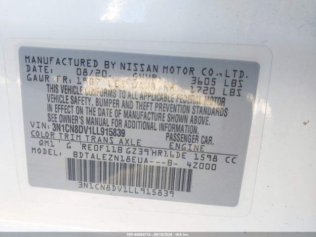 Продаж на аукціоні авто 2020 Nissan Versa S Xtronic Cvt, vin: 3N1CN8DV1LL915839, номер лоту: 45883774