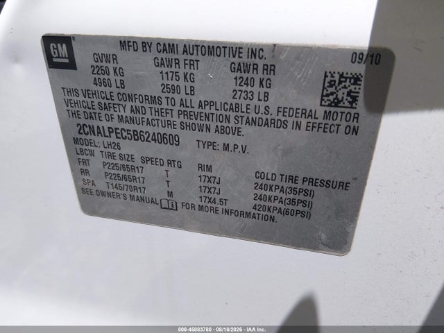 Продажа на аукционе авто 2011 Chevrolet Equinox 2lt, vin: 2CNALPEC5B6240609, номер лота: 45883780