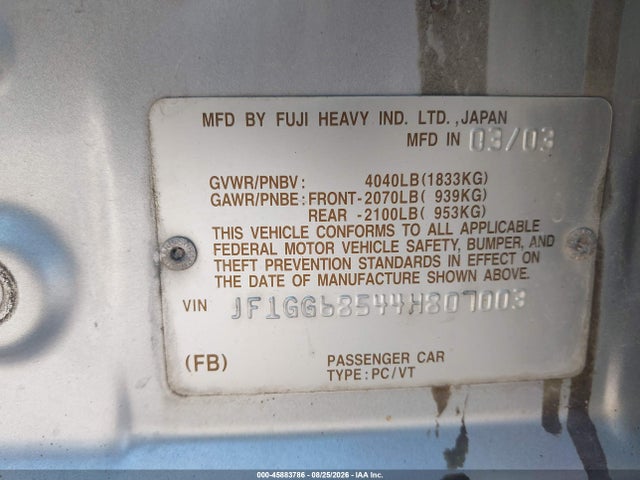 45883786 :رقم المزاد ، JF1GG68544H807003 vin ، 2004 Subaru Impreza Outback Sport مزاد بيع