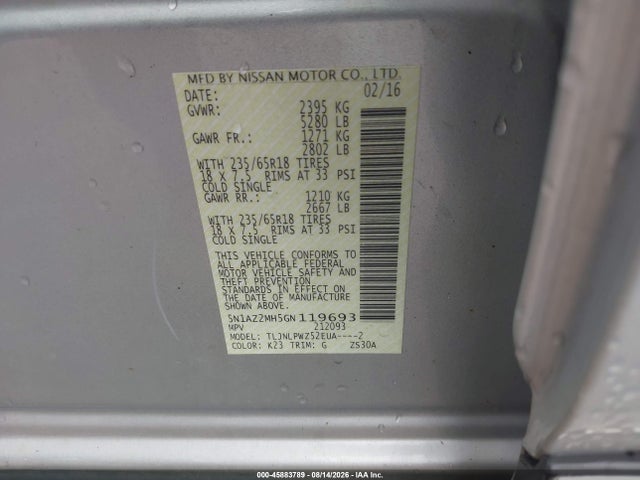 Продажа на аукционе авто 2016 Nissan Murano Platinum/s/sl/sv, vin: 5N1AZ2MH5GN119693, номер лота: 45883789