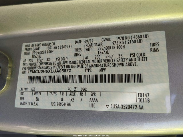 Продаж на аукціоні авто 2020 Ford Escape Sel, vin: 1FMCU0H6XLUA05872, номер лоту: 45883794