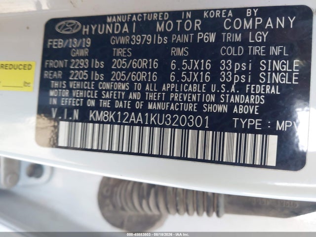 2019 Hyundai Kona Se მანქანა იყიდება აუქციონზე, vin: KM8K12AA1KU320301, აუქციონის ნომერი: 45883803