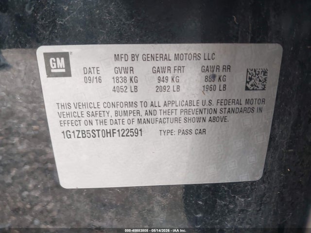 2017 Chevrolet Malibu Ls მანქანა იყიდება აუქციონზე, vin: 1G1ZB5ST0HF122591, აუქციონის ნომერი: 45883808