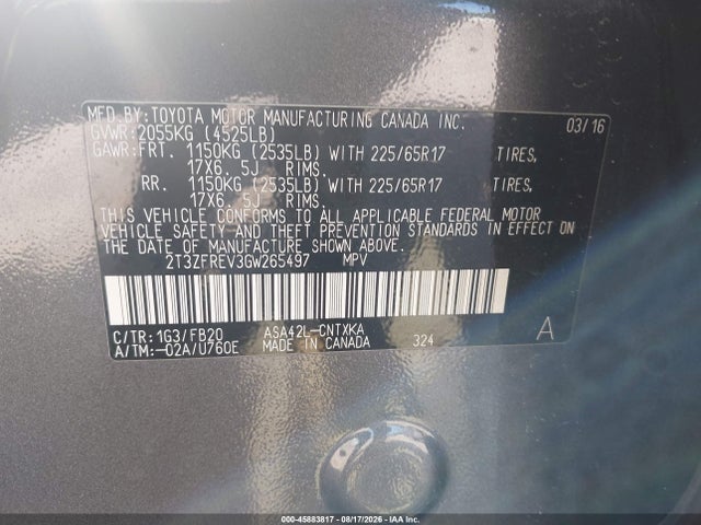 Продаж на аукціоні авто 2016 Toyota Rav4 Le, vin: 2T3ZFREV3GW265497, номер лоту: 45883817