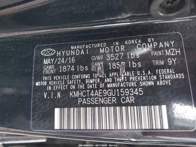 2016 Hyundai Accent Se მანქანა იყიდება აუქციონზე, vin: KMHCT4AE9GU159345, აუქციონის ნომერი: 45883823
