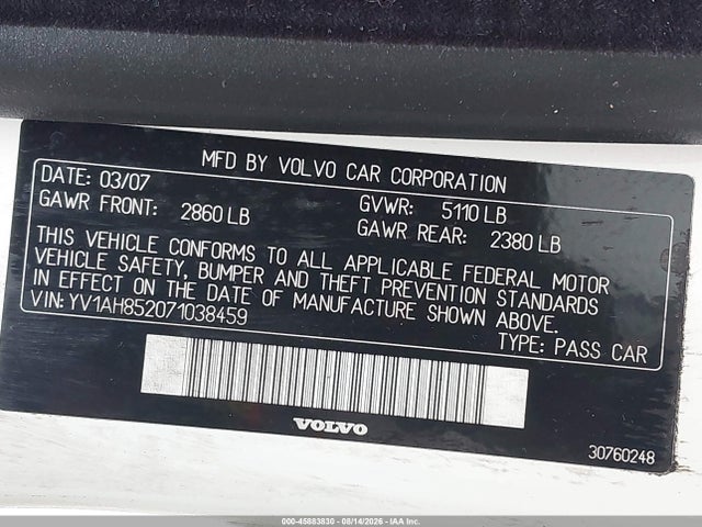 Aukcja sprzedaży 2007 Volvo S80 V8, vin: YV1AH852071038459, numer aukcji: 45883830