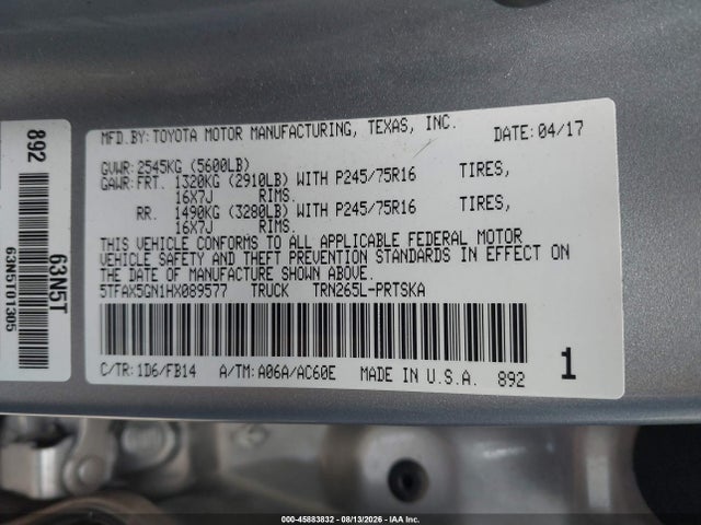 2017 Toyota Tacoma Sr მანქანა იყიდება აუქციონზე, vin: 5TFAX5GN1HX089577, აუქციონის ნომერი: 45883832