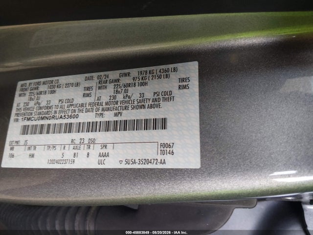 Aukcja sprzedaży 2024 Ford Escape St-line, vin: 1FMCU0MN0RUA53600, numer aukcji: 45883849