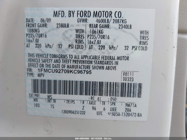 Продаж на аукціоні авто 2009 Ford Escape Xls, vin: 1FMCU92709KC96795, номер лоту: 45883865