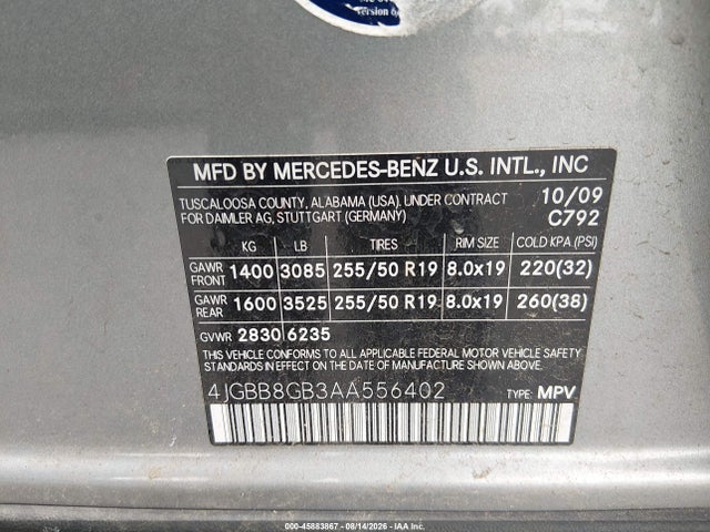 2010 Mercedes-benz Ml 350 4matic მანქანა იყიდება აუქციონზე, vin: 4JGBB8GB3AA556402, აუქციონის ნომერი: 45883867