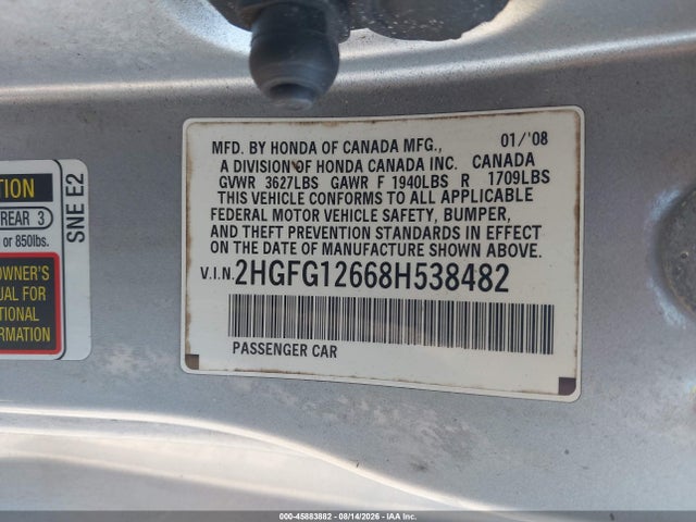 Продаж на аукціоні авто 2008 Honda Civic Lx, vin: 2HGFG12668H538482, номер лоту: 45883882