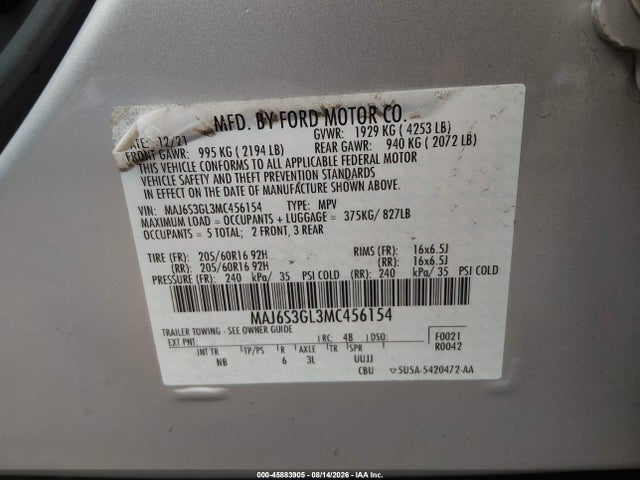 45883905 :رقم المزاد ، MAJ6S3GL3MC456154 vin ، 2021 Ford Ecosport Se مزاد بيع