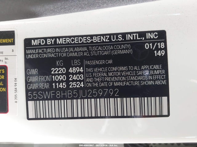 45883907 :رقم المزاد ، 55SWF8HB5JU259792 vin ، 2018 Mercedes-benz Amg C 63 S مزاد بيع