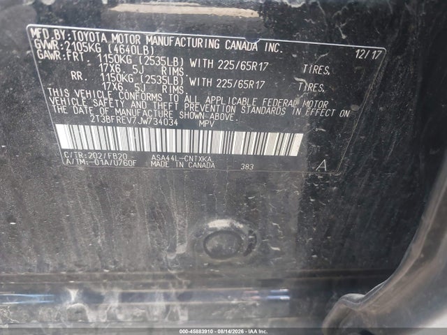 Aukcja sprzedaży 2018 Toyota Rav4 Le, vin: 2T3BFREV7JW734034, numer aukcji: 45883910