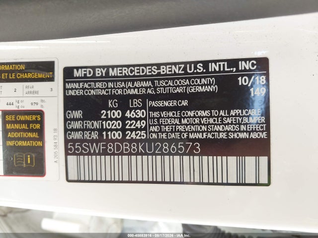 45883916 :رقم المزاد ، 55SWF8DB8KU286573 vin ، 2019 Mercedes-benz C 300 مزاد بيع