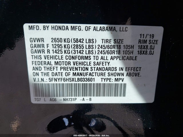 Продажа на аукционе авто 2020 Honda Pilot Awd Ex-l, vin: 5FNYF6H5XLB033601, номер лота: 45883917