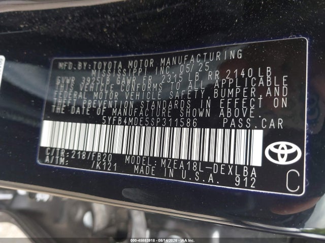 Aukcja sprzedaży 2025 Toyota Corolla Le, vin: 5YFB4MDE5SP311586, numer aukcji: 45883918