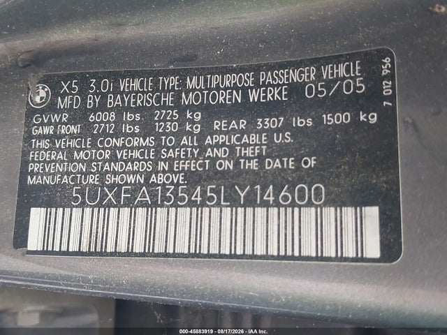 Продаж на аукціоні авто 2005 Bmw X5 3.0i, vin: 5UXFA13545LY14600, номер лоту: 45883919