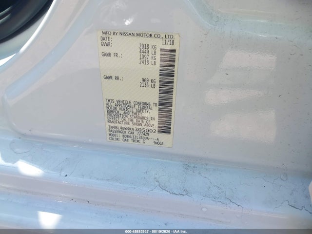2019 Nissan Altima 2.5 Sl მანქანა იყიდება აუქციონზე, vin: 1N4BL4EW4KN305002, აუქციონის ნომერი: 45883937
