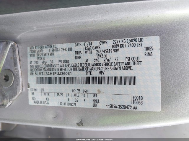 2015 Lincoln Mkc მანქანა იყიდება აუქციონზე, vin: 5LMTJ2AH1FUJ26081, აუქციონის ნომერი: 45883939