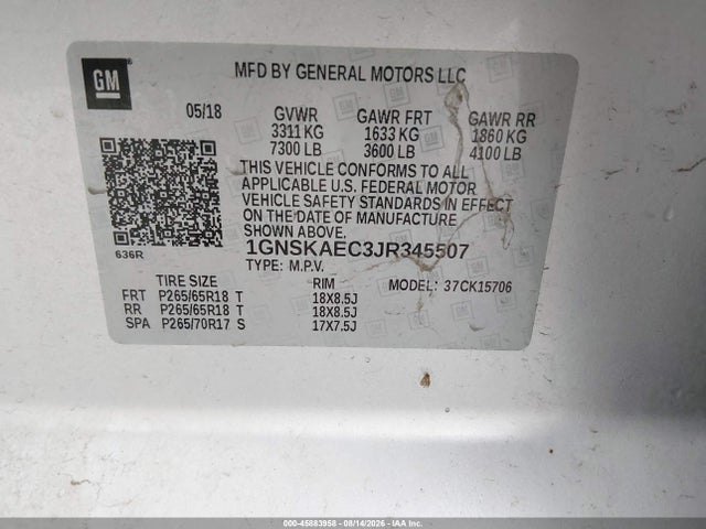 2018 Chevrolet Tahoe Ls მანქანა იყიდება აუქციონზე, vin: 1GNSKAEC3JR345507, აუქციონის ნომერი: 45883958