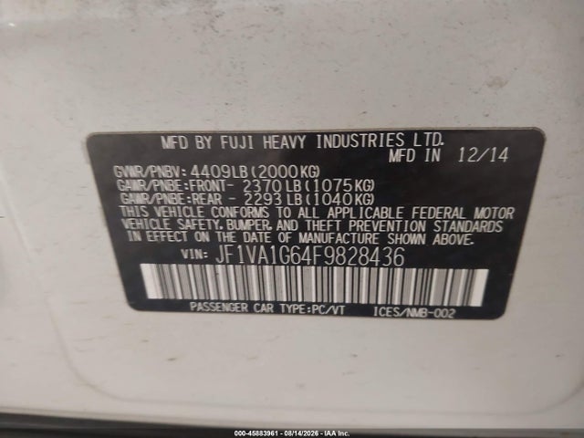 Aukcja sprzedaży 2015 Subaru Wrx Limited, vin: JF1VA1G64F9828436, numer aukcji: 45883961