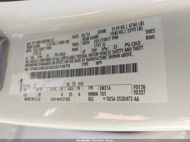 Продажа на аукционе авто 2014 Ford Escape Se, vin: 1FMCU9GXXEUD13075, номер лота: 45883967