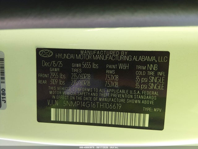 Aukcja sprzedaży 2026 Hyundai Santa Fe Hybrid Se, vin: 5NMP14G16TH106619, numer aukcji: 45883976