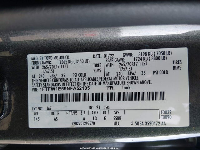 Продаж на аукціоні авто 2022 Ford F-150 Xl, vin: 1FTFW1E59NFA52105, номер лоту: 45883982