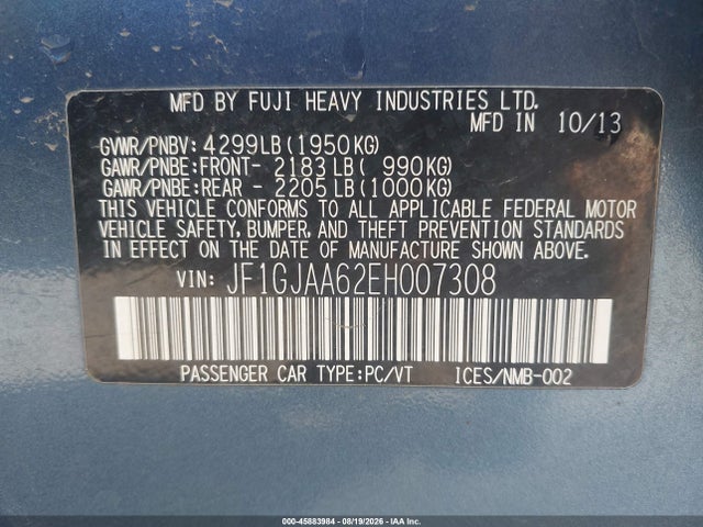 45883984 :رقم المزاد ، JF1GJAA62EH007308 vin ، 2014 Subaru Impreza 2.0i مزاد بيع