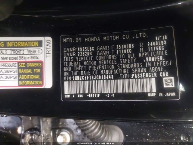 Продажа на аукционе авто 2018 Honda Clarity Plug-in Hybrid, vin: JHMZC5F18JC018448, номер лота: 45883986